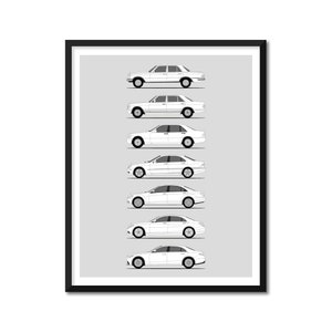 May include: A black and white line drawing illustration of a side view of seven different Mercedes-Benz S-Class sedans, starting with the W116 model and ending with the W223 model.