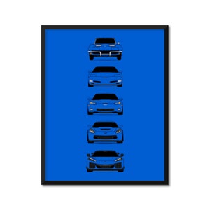 May include: A blue framed print featuring a vertical line of five blue Chevrolet Corvette cars, each representing a different generation of the car.