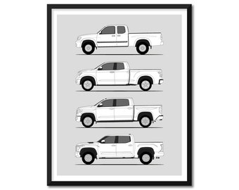 Toyota Tundra Inspired Car Poster (Side Profile) Print Wall Art Decor of Toyota Tundra Generations History Evolution BX1 (Unframed)