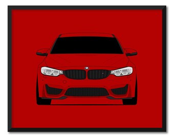 May include: A red BMW M3 with blacked-out headlights and a black grille. The car is facing the camera and is set against a red background.