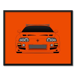 May include: A front view of an orange sports car with black headlights and a black spoiler. The car is on an orange background.