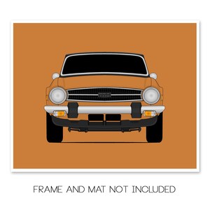Pode incluir: Uma vista frontal de um carro vintage laranja com uma grelha preta e far&oacute;is. O carro est&aacute; definido contra um fundo laranja s&oacute;lido.