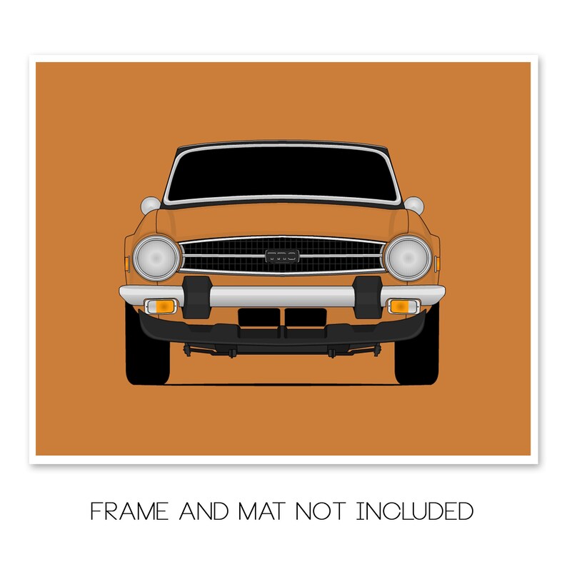 Pode incluir: Uma vista frontal de um carro vintage laranja com uma grelha preta e far&oacute;is. O carro est&aacute; definido contra um fundo laranja s&oacute;lido.