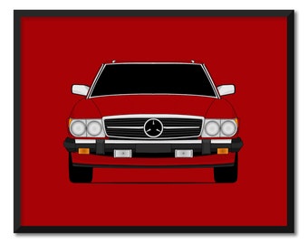 Może przedstawiać: Czerwony zabytkowy samochód Mercedes-Benz z czarnym grillem i białymi reflektorami. Samochód znajduje się na czerwonym tle.