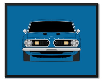 May include: A blue 1970 Plymouth Barracuda with a black grille and chrome bumpers. The car is facing forward and the headlights are on.