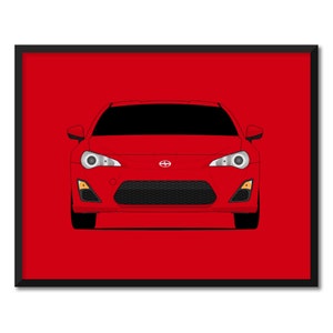 May include: A red Toyota Scion FR-S sports car with black headlights and a black grille. The car is facing the camera and is set against a red background.