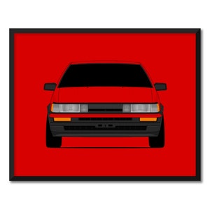 May include: A red Toyota Corolla AE86, a popular car from the 1980s, is shown in a front-facing view against a red background.