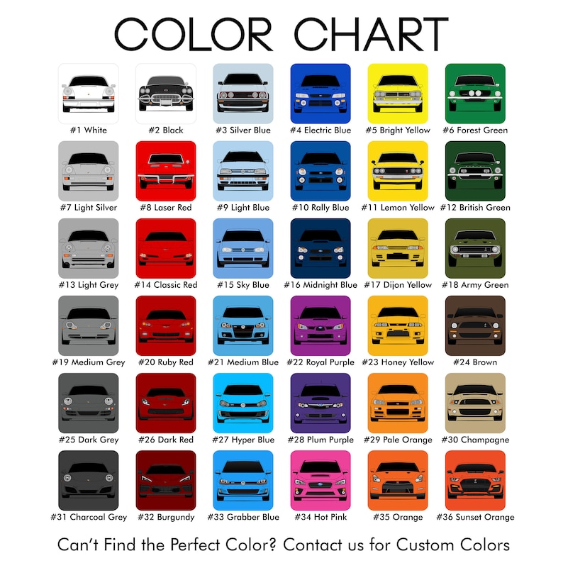 Pode incluir: Carta de cores com 36 cores de tinta para carros diferentes. Cada cor &eacute; representada por uma pequena ilustra&ccedil;&atilde;o de carro. As cores incluem branco, preto, azul prateado, azul el&eacute;trico, amarelo brilhante, verde floresta, prata claro, vermelho laser, azul claro, azul rally, amarelo lim&atilde;o, verde brit&acirc;nico, cinza claro, vermelho cl&aacute;ssico, azul c&eacute;u, azul meia-noite, amarelo Dijon, verde ex&eacute;rcito, cinza m&eacute;dio, vermelho rubi, azul m&eacute;dio, roxo real, amarelo mel, marrom, cinza escuro, vermelho escuro, azul hiper, roxo ameixa, laranja claro, champanhe, cinza chumbo, bord&ocirc;, azul grabber, rosa quente, laranja e laranja p&ocirc;r do sol.