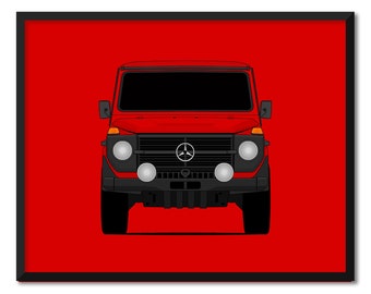 Może przedstawiać: Czerwony, zabytkowy Mercedes-Benz G-Wagon z czarnymi akcentami i reflektorami. Pojazd jest skierowany przodem na czerwone tło.