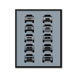 May include: A framed print featuring a series of gray Toyota Tacoma pickup trucks, each representing a different model year. The trucks are depicted from a front view, showcasing their distinct designs and features. The background is a solid light gray.