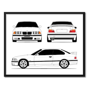 Può includere: Illustrazione di un'auto bianca in una cornice nera. L'opera presenta viste frontali, posteriori e laterali di una coupé bianca. L'auto ha dettagli neri, tra cui il tetto e le ruote. L'immagine è un design minimalista.
