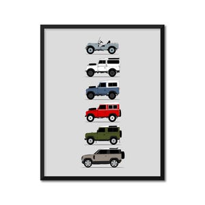 May include: A framed print featuring a series of six colorful illustrations of classic off-road vehicles. The vehicles are depicted in various colors, including light blue, white, dark blue, red, olive green, and tan, against a light gray background.