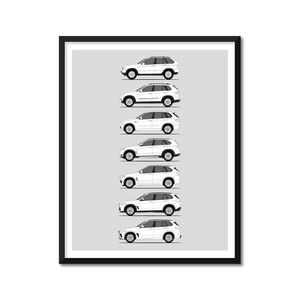 May include: A black and white line drawing illustration of the evolution of the BMW X5 SUV. The illustration shows seven different generations of the vehicle, starting with the first generation and ending with the latest generation. Each generation is shown in profile view, with the vehicle facing to the right.