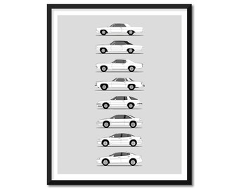 May include: A black and white line drawing of a side view of eight generations of the Buick LeSabre car model. The cars are arranged vertically from oldest to newest.