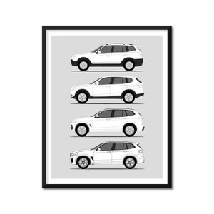 May include: A black and white line drawing illustration of four generations of the BMW X3 SUV. The cars are shown in profile view, with the oldest model at the top and the newest model at the bottom.