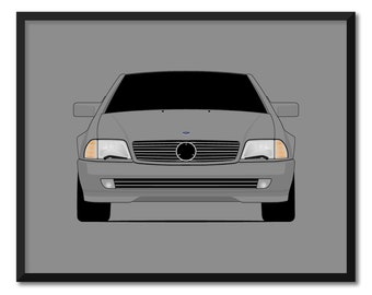 Op de afbeelding: Een ingelijste print met een illustratie van een grijze Mercedes-Benz SL-Klasse auto. De auto is van voren afgebeeld en toont de grille, koplampen en het Mercedes-Benz-logo. Het kunstwerk heeft een minimalistische stijl met een grijze achtergrond.