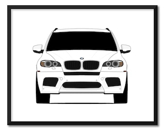 以下が含まれることがあります： 黒色のフロントグリルと窓ガラスがスモークされた白いBMW X6。車は正面を向いており、ヘッドライトは点灯している。
