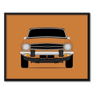 Pode incluir: Vista frontal de um carro laranja vintage com uma grelha preta e p&aacute;ra-choques cromados. O carro est&aacute; sobre um fundo laranja s&oacute;lido.