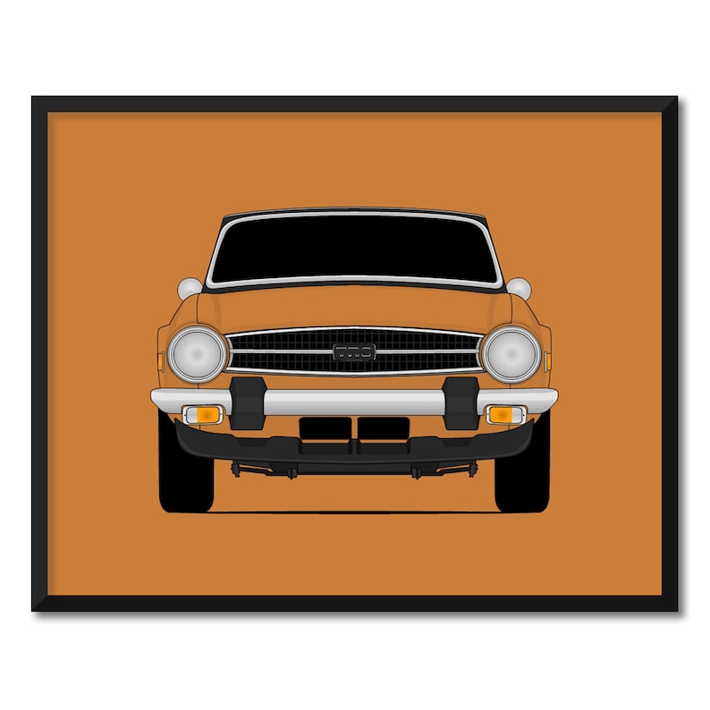 Pode incluir: Vista frontal de um carro laranja vintage com uma grelha preta e p&aacute;ra-choques cromados. O carro est&aacute; sobre um fundo laranja s&oacute;lido.