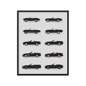 Może przedstawiać: Oprawiony plakat przedstawiający kolekcję dziesięciu czarnych samochod&oacute;w typu kabriolet, ułożonych w dwie kolumny na jasnoszarym tle. Każdy samoch&oacute;d jest przedstawiony z profilu, prezentując r&oacute;żne klasyczne i nowoczesne projekty motoryzacyjne.