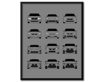 May include: A black and white illustration of a lineup of 10 different Lexus car models, each with a distinct front grille design. The cars are arranged in three rows, with the first row featuring the older models and the last row featuring the newer models.