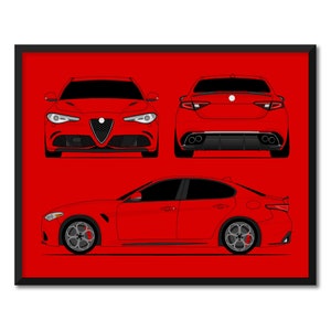 Alfa Romeo Giulia Quadrifoglio 952 (2016-Present) (Front, Rear, Side) (Landscape) Inspired Car Poster Print Wall Art DX3 (Unframed)