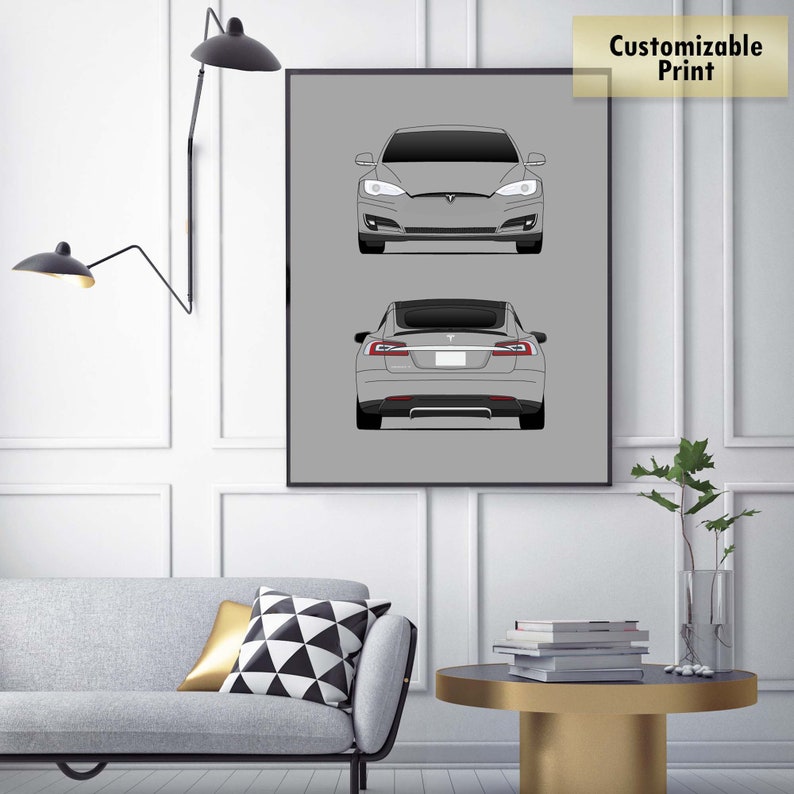 C1 Tesla Motors Tesla Model S Front and Rear View Models: 40, 60D, 70D, P85, P90D, P100D Poster Print Wall Art Decor Handmade