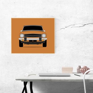 Pode incluir: Um carro laranja vintage com uma grelha frontal preta e far&oacute;is. O carro est&aacute; sobre um fundo laranja s&oacute;lido.