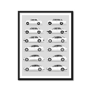 May include: A black and white line drawing illustration of a side view of 10 different generations of Mercedes-Benz E-Class sedans. The cars are arranged in a vertical column from oldest to newest.