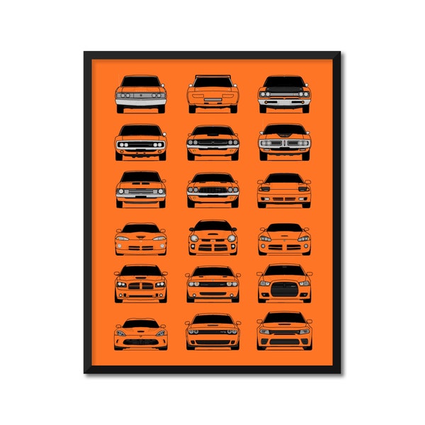 Dodge History and Evolution Inspired Car Poster Print Wall Art Best of Dodge Generations (Charger, Challenger, Viper, Dart) AX2 (Unframed)