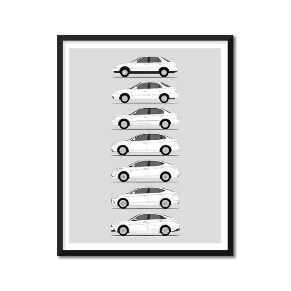 Hyundai Elantra Inspired Poster (Side Profile) Print Wall Art Decor J1 J2 Xd Hd MD/UD AD CN7 Generations History Evolution BX1 (Unframed)