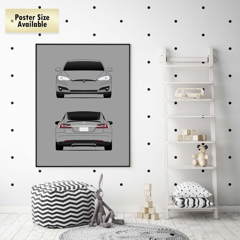 C1 Tesla Motors Tesla Model S Front and Rear View Models: 40, 60D, 70D, P85, P90D, P100D Poster Print Wall Art Decor Handmade