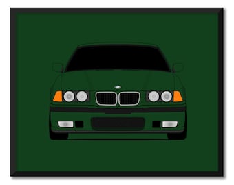 Pode incluir: Um BMW Série 3 E36 verde, um modelo de carro clássico, é mostrado em uma visão frontal. O carro tem uma grade e faróis pretos, e o logotipo da BMW é visível na frente.