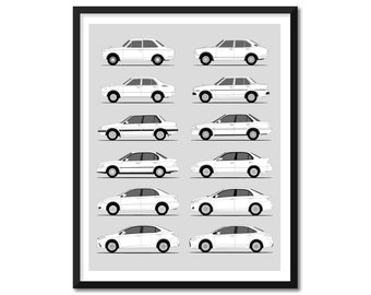 Toyota Corolla Inspired Car Poster Side Profile) Print Art Handmade Decor Corolla Sprinter Generations History Evolution BX1 (Unframed)