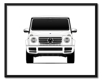 Może przedstawiać: Biały SUV Mercedes-Benz Klasy G z czarnym grillem i reflektorami. Widoczna jest przednia część pojazdu, z maską, grillem i reflektorami.