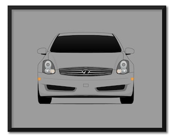 Peut inclure: Une Infiniti G35 coupé argentée avec des phares noirs et une calandre noire. La voiture fait face à l'appareil photo et se trouve sur un fond gris.
