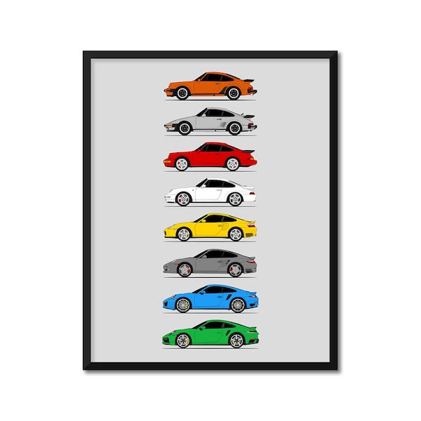 Porsche 911 Turbo Car Poster (Side Profile) Print Wall Art 930 964 996 997 991 992 Generations History Evolution BX1 (Unframed)
