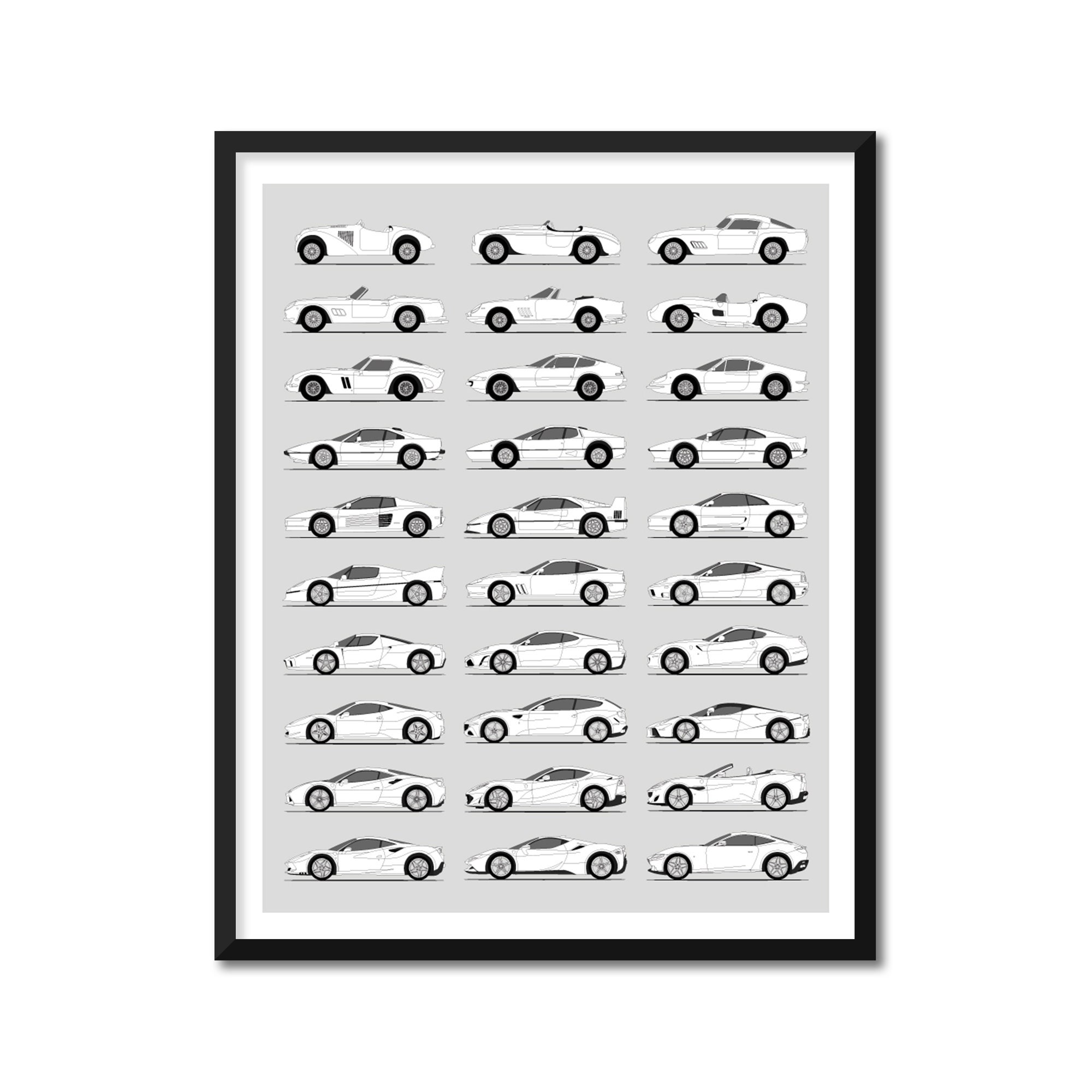 Ferrari Inspired Car Poster (Side Profile) Print Wall Art Decor of the Best of Ferrari Generations History Evolution BX1 (Unframed)