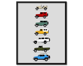 Impression d'affiches Toyota FJ Cruiser (profil latéral) BJ, FJ25, FJ40, FJ43, FJ45 Generations History Evolution BX1 (Sans cadre)