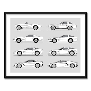 May include: A black and white line drawing of seven different Chevrolet Corvette models, starting with the 1953 model and ending with the 2023 model.