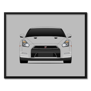 May include: A white Nissan GT-R sports car with black headlights and a black grille. The car is facing the camera and has the text "GT-R" in red on the front grille.