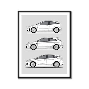 Ford Focus RS Generations Inspired Poster (Side Profile) Print Wall Art Handmade Decor History and Evolution Ford Focus RS BX1 (Unframed)