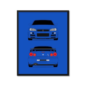 Nissan Skyline GT-R R34 (1998-2002) (Front and Rear) Fast and the Furious Inspired Car Poster Print Wall Art (Paul Walker) CX1 (Unframed)