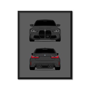 Op de afbeelding: Een zwarte BMW M3 met de voor- en achterkant van de auto getoond. De auto staat op een grijze achtergrond.