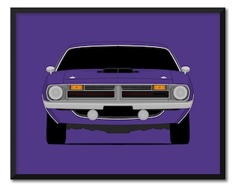 May include: A purple 1970 Plymouth Barracuda with a black grille and chrome bumpers. The car is facing forward and the headlights are on.