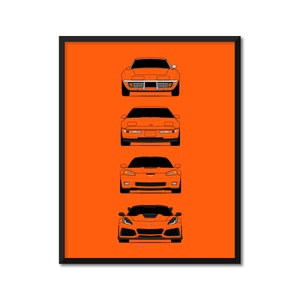 May include: A black framed print featuring a progression of four orange Corvette cars, each with a different design, from the classic C1 to the modern C8.