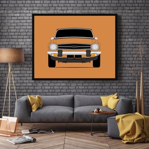 Pode incluir: Um carro laranja vintage com uma grelha frontal preta e far&oacute;is brancos. O carro est&aacute; virado para a c&acirc;mera e est&aacute; definido contra um fundo laranja s&oacute;lido.