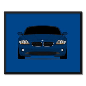 以下が含まれることがあります： 黒いグリルとヘッドライトが付いた青いBMW Z4ロードスター。車はカメラに向かっており、青い背景に置かれています。