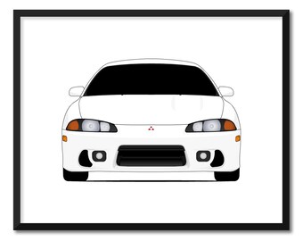 May include: A white Mitsubishi Eclipse with a black front grille and headlights. The car is facing forward and the Mitsubishi logo is visible on the front grille.