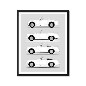Austin Healey Sprite Inspired Car Poster (Side Profile) Print Bugeye Frogeye MK i ii III IV Generations History Evolution BX1 (Unframed)